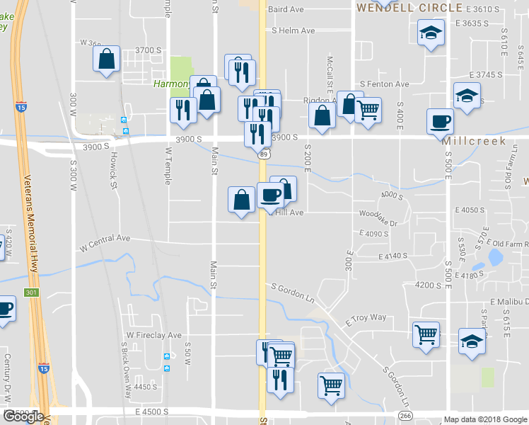 map of restaurants, bars, coffee shops, grocery stores, and more near 6 East 4050 South in Salt Lake City