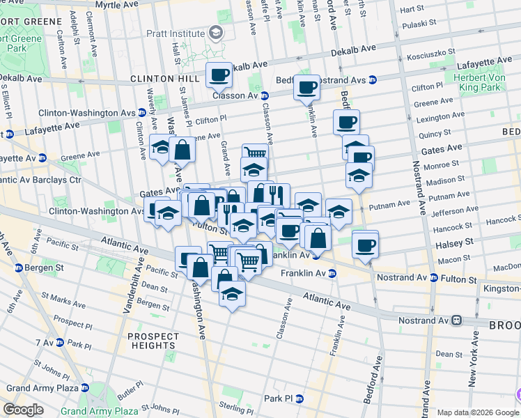 map of restaurants, bars, coffee shops, grocery stores, and more near 43 Putnam Avenue in Brooklyn