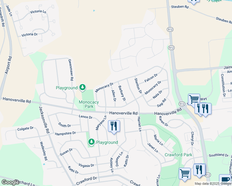map of restaurants, bars, coffee shops, grocery stores, and more near 5020 Allen Drive in Bethlehem