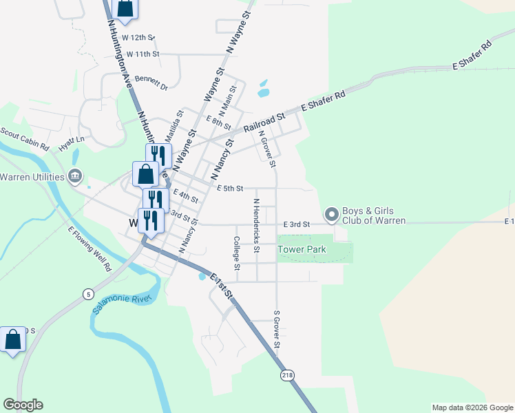 map of restaurants, bars, coffee shops, grocery stores, and more near 399 North Hendericks Street in Warren