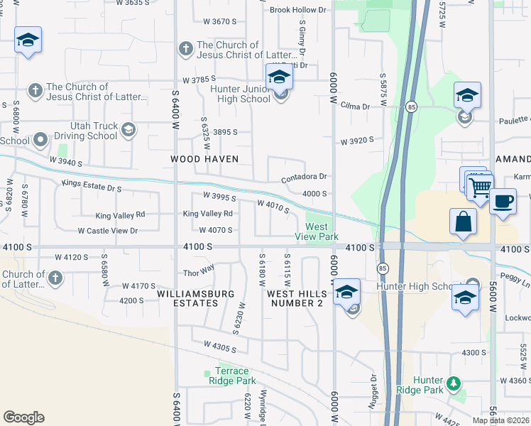 map of restaurants, bars, coffee shops, grocery stores, and more near 4053 Powder Ridge Drive in West Valley City