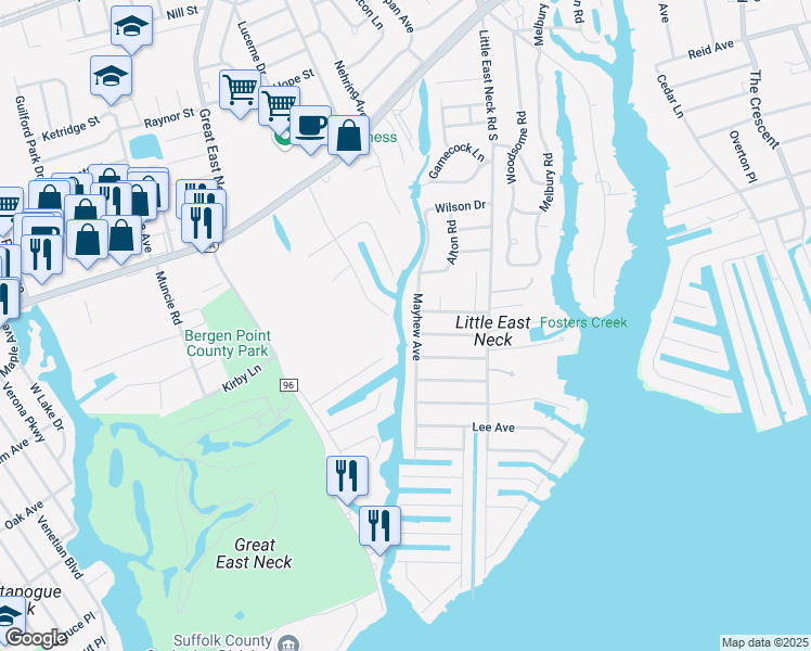 map of restaurants, bars, coffee shops, grocery stores, and more near 120 Mayhew Avenue in Babylon