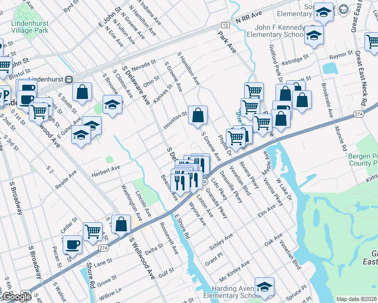 map of restaurants, bars, coffee shops, grocery stores, and more near 220 Waco Street in Lindenhurst