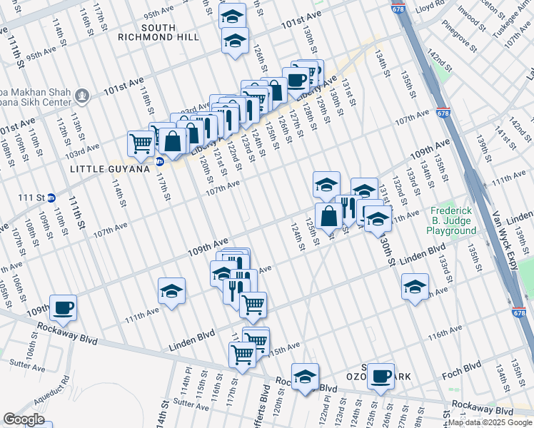 map of restaurants, bars, coffee shops, grocery stores, and more near 122-2 109th Avenue in Queens