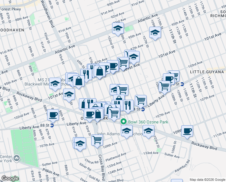 map of restaurants, bars, coffee shops, grocery stores, and more near 9802 103rd Avenue in Queens