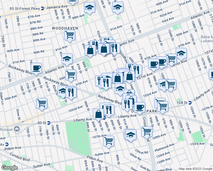map of restaurants, bars, coffee shops, grocery stores, and more near 89-3 101st Avenue in Queens