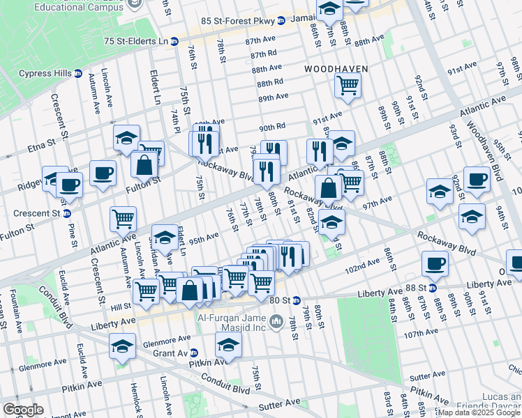map of restaurants, bars, coffee shops, grocery stores, and more near 77-10 95th Avenue in Queens