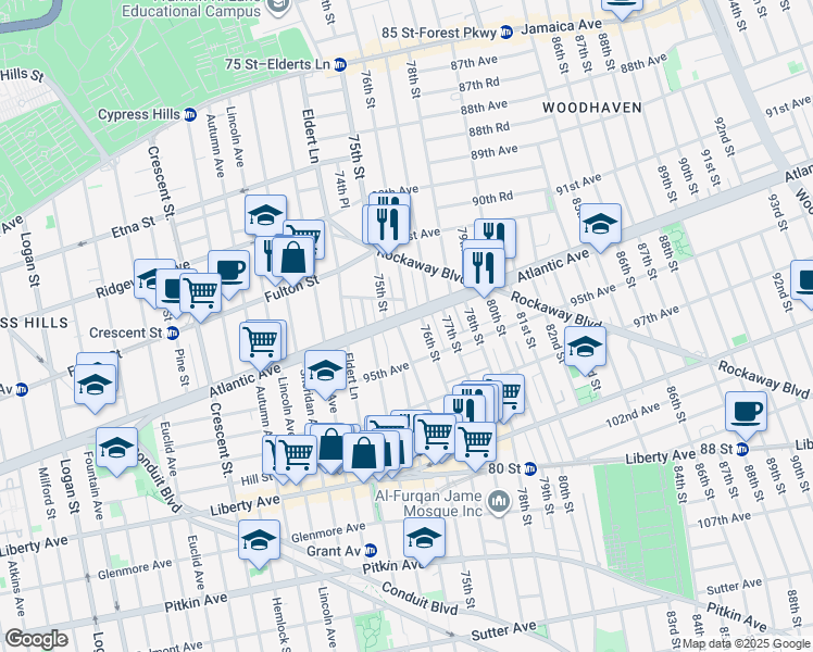 map of restaurants, bars, coffee shops, grocery stores, and more near 94-18 75th Street in Queens