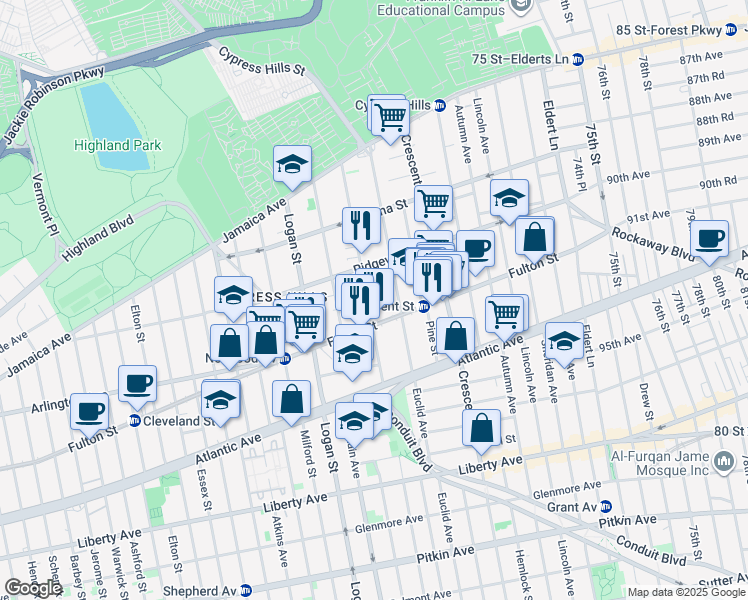 map of restaurants, bars, coffee shops, grocery stores, and more near 3249 Fulton Street in Brooklyn