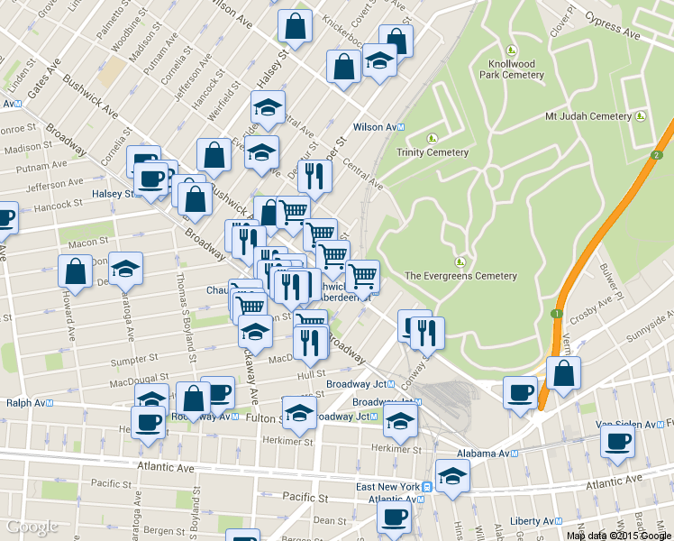 map of restaurants, bars, coffee shops, grocery stores, and more near 1503 Bushwick Avenue in Brooklyn