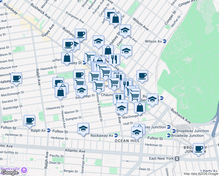 map of restaurants, bars, coffee shops, grocery stores, and more near in Brooklyn