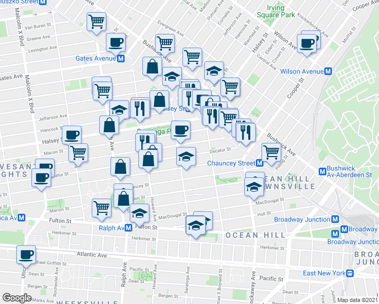 map of restaurants, bars, coffee shops, grocery stores, and more near 105 Saratoga Avenue in Brooklyn