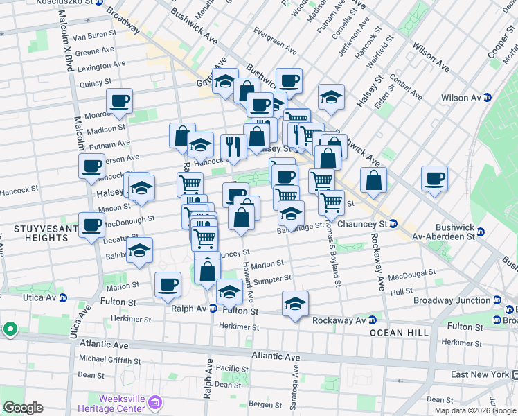 map of restaurants, bars, coffee shops, grocery stores, and more near 606 Decatur Street in Brooklyn