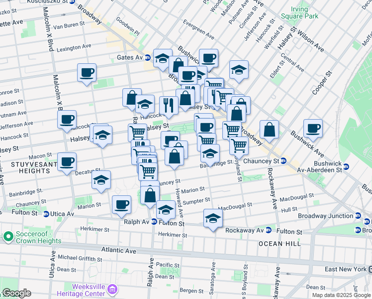 map of restaurants, bars, coffee shops, grocery stores, and more near 606 Decatur Street in Brooklyn