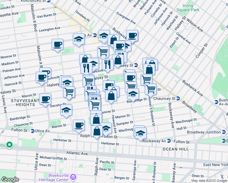 map of restaurants, bars, coffee shops, grocery stores, and more near 160 Howard Avenue in Brooklyn