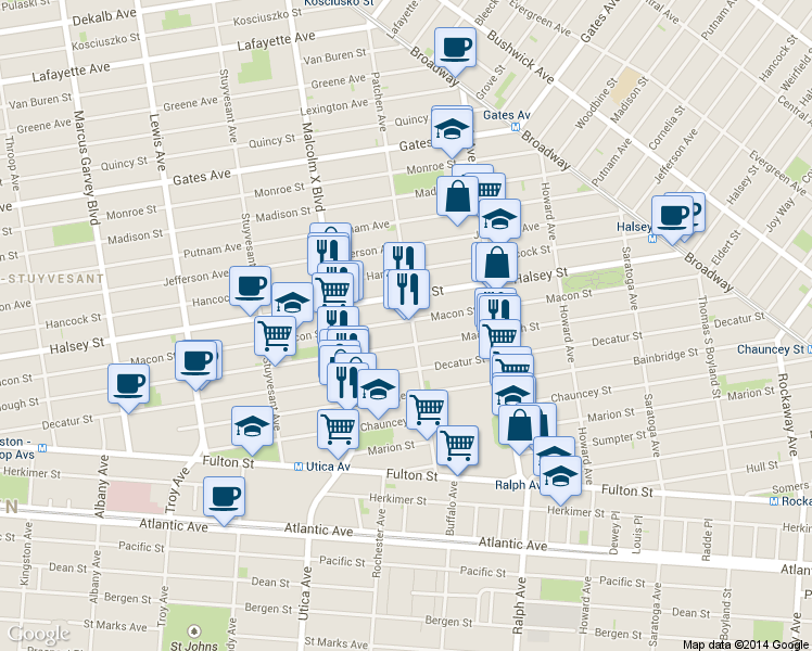 map of restaurants, bars, coffee shops, grocery stores, and more near 508 MacDonough Street in Brooklyn