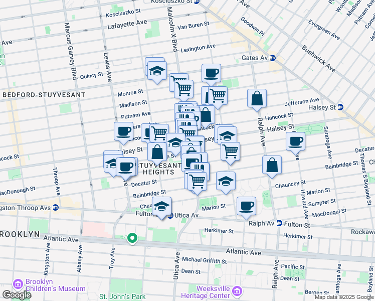map of restaurants, bars, coffee shops, grocery stores, and more near 275A Malcolm X Boulevard in Brooklyn