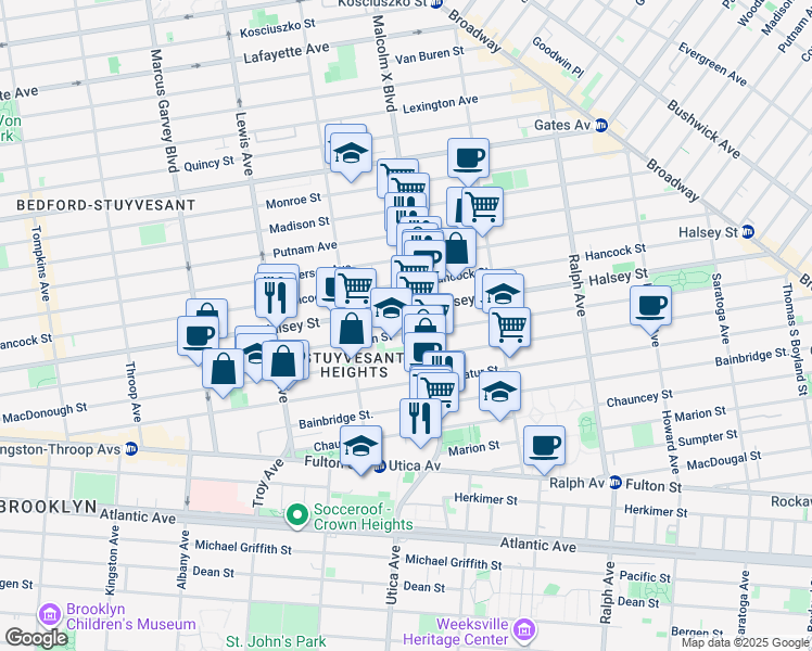 map of restaurants, bars, coffee shops, grocery stores, and more near 500 Macon Street in Brooklyn