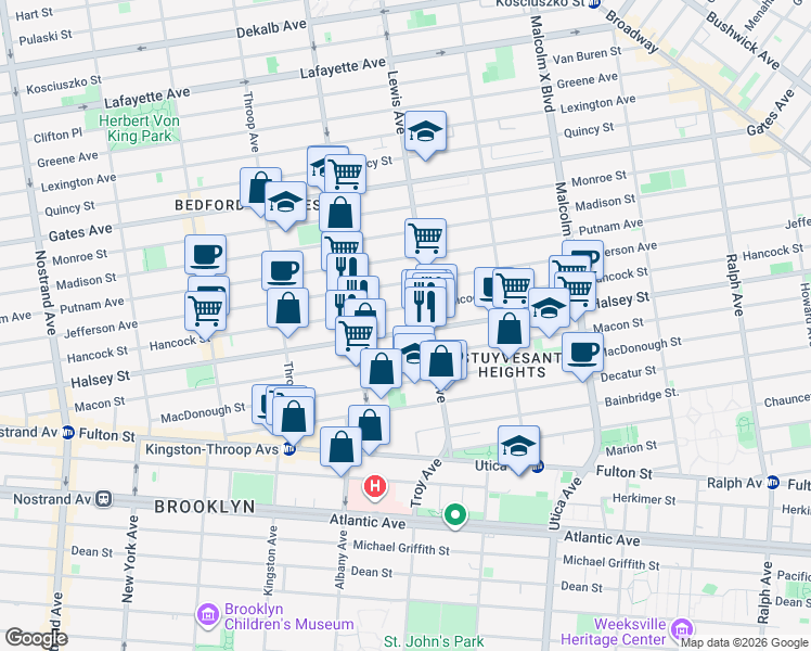map of restaurants, bars, coffee shops, grocery stores, and more near 432 Halsey Street in Brooklyn