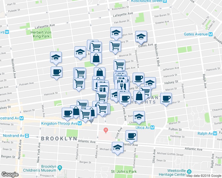 map of restaurants, bars, coffee shops, grocery stores, and more near 432 Halsey Street in Brooklyn