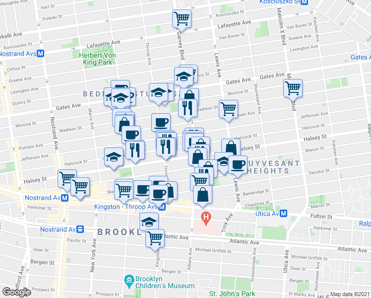 map of restaurants, bars, coffee shops, grocery stores, and more near 333A Halsey Street in Brooklyn
