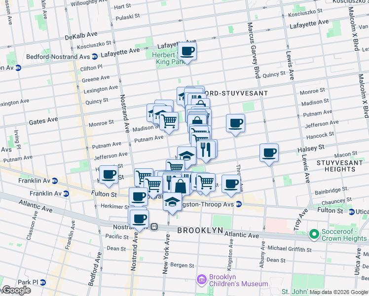 map of restaurants, bars, coffee shops, grocery stores, and more near 258 Hancock Street in Brooklyn