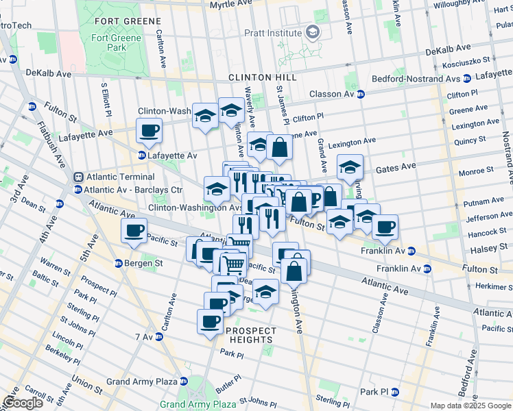 map of restaurants, bars, coffee shops, grocery stores, and more near 864 Fulton Street in Brooklyn