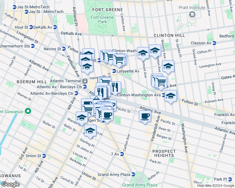 map of restaurants, bars, coffee shops, grocery stores, and more near 213 South Oxford Street in Brooklyn