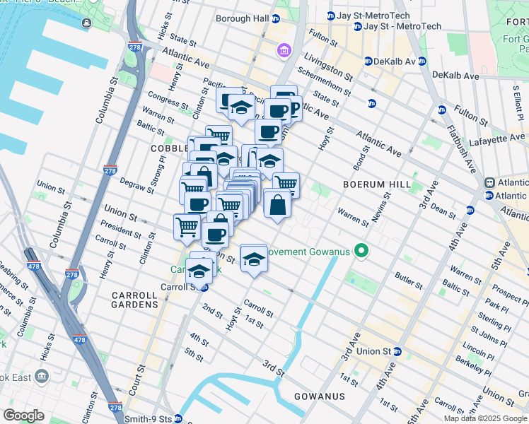 map of restaurants, bars, coffee shops, grocery stores, and more near 84 Douglass Street in Brooklyn