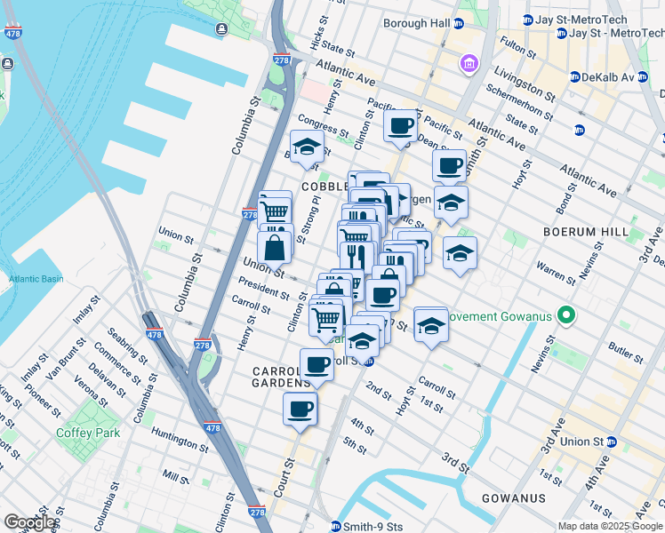 map of restaurants, bars, coffee shops, grocery stores, and more near 352 Court Street in Brooklyn