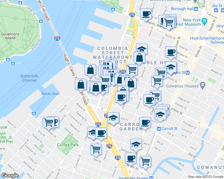 map of restaurants, bars, coffee shops, grocery stores, and more near 87 Carroll Street in Brooklyn