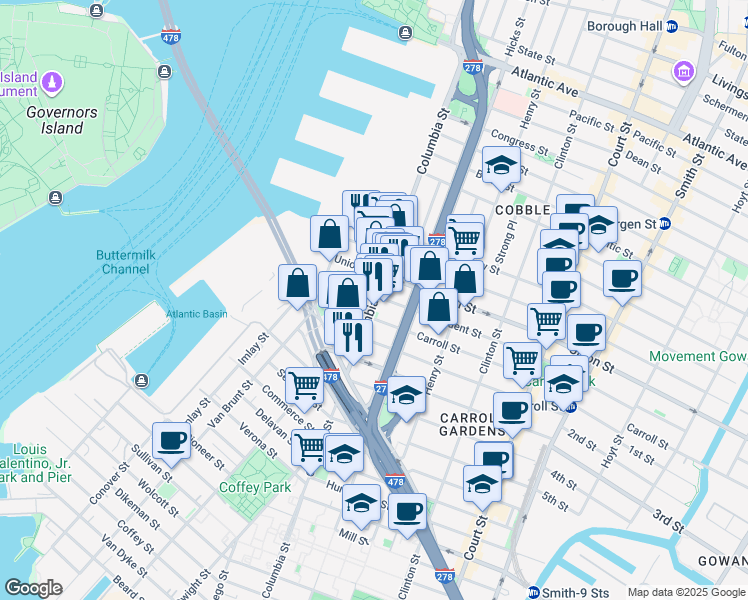 map of restaurants, bars, coffee shops, grocery stores, and more near 50 Carroll Street in Brooklyn