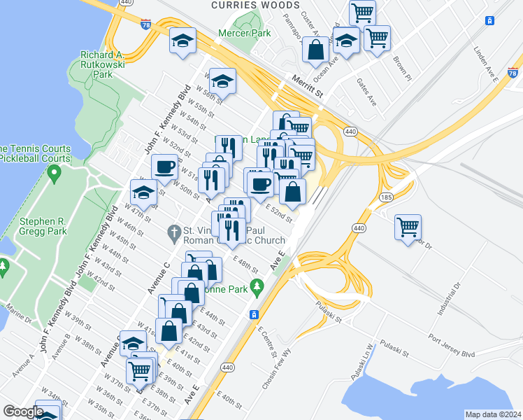 map of restaurants, bars, coffee shops, grocery stores, and more near 1030 Broadway in Bayonne