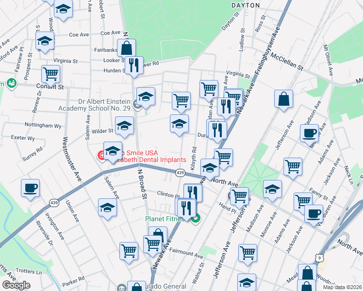 map of restaurants, bars, coffee shops, grocery stores, and more near 828 Cross Avenue in Elizabeth