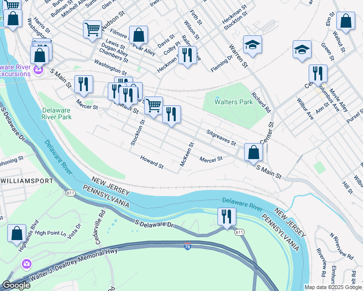 map of restaurants, bars, coffee shops, grocery stores, and more near 288 Mercer Street in Phillipsburg