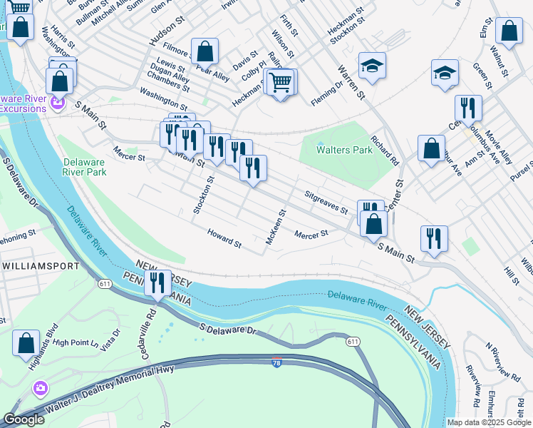 map of restaurants, bars, coffee shops, grocery stores, and more near 288 Mercer Street in Phillipsburg