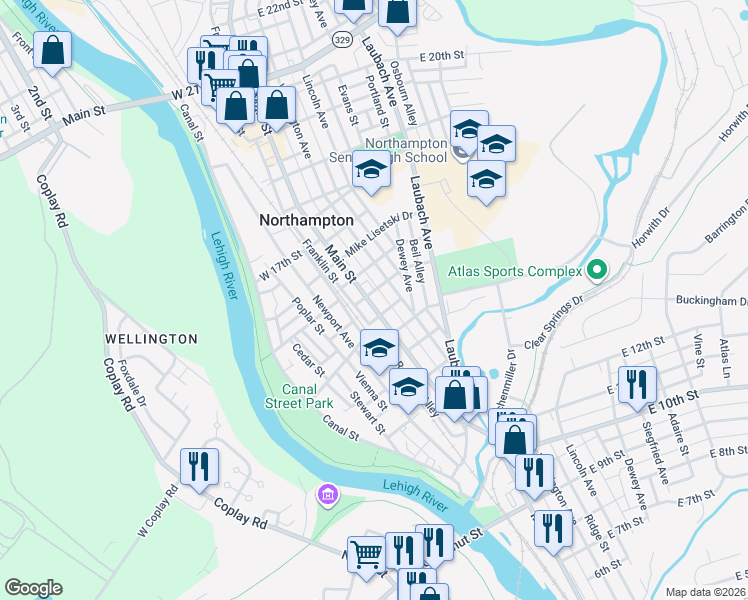 map of restaurants, bars, coffee shops, grocery stores, and more near 1459 Main Street in Northampton