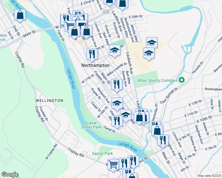 map of restaurants, bars, coffee shops, grocery stores, and more near 1510 Railroad Street in Northampton