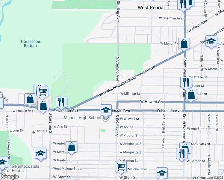 map of restaurants, bars, coffee shops, grocery stores, and more near 2501-2699 W Culver St in Peoria