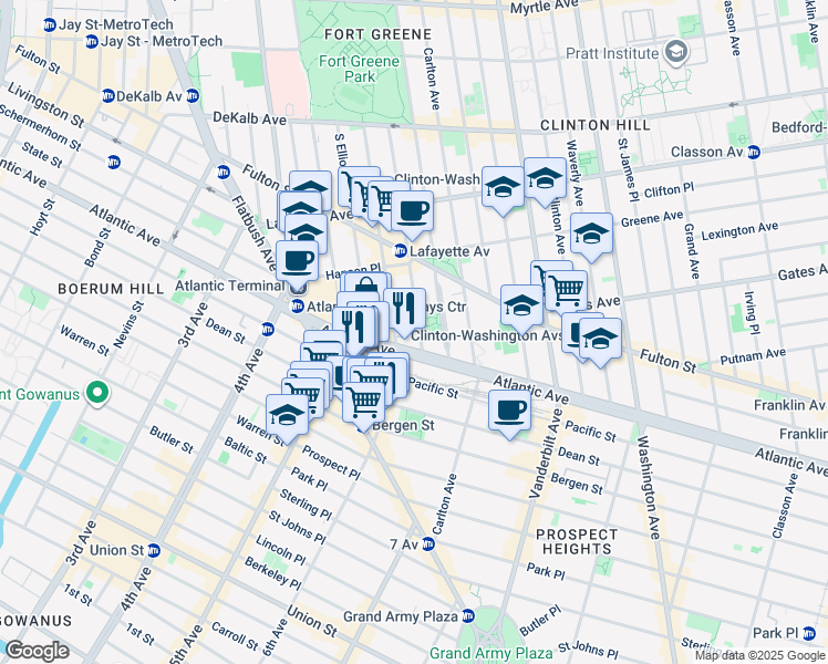 map of restaurants, bars, coffee shops, grocery stores, and more near 200 South Oxford Street in Brooklyn