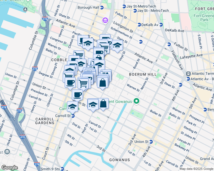 map of restaurants, bars, coffee shops, grocery stores, and more near Hoyt Street in Brooklyn