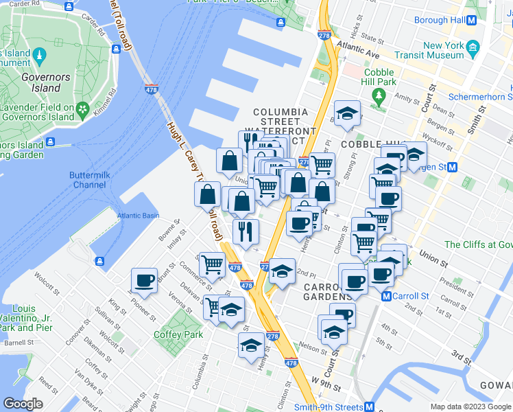 map of restaurants, bars, coffee shops, grocery stores, and more near 250 Columbia Street in Brooklyn