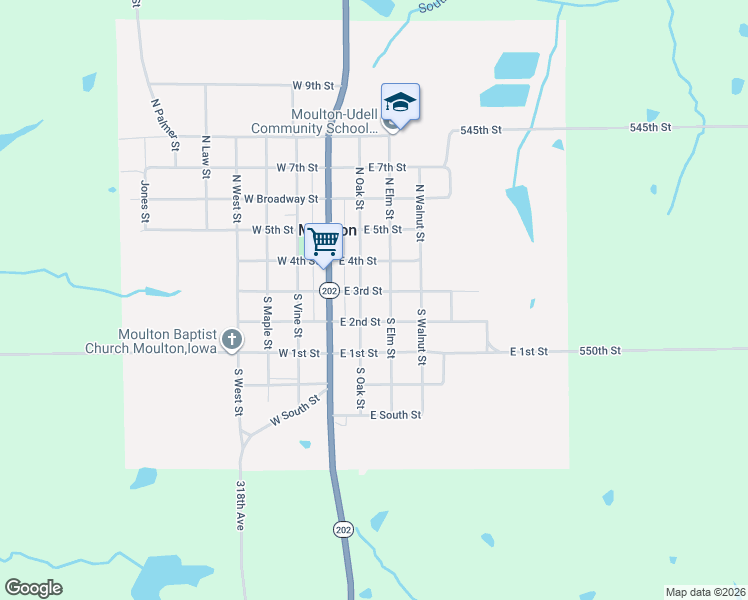 map of restaurants, bars, coffee shops, grocery stores, and more near 200-298 South Elm Street in Moulton