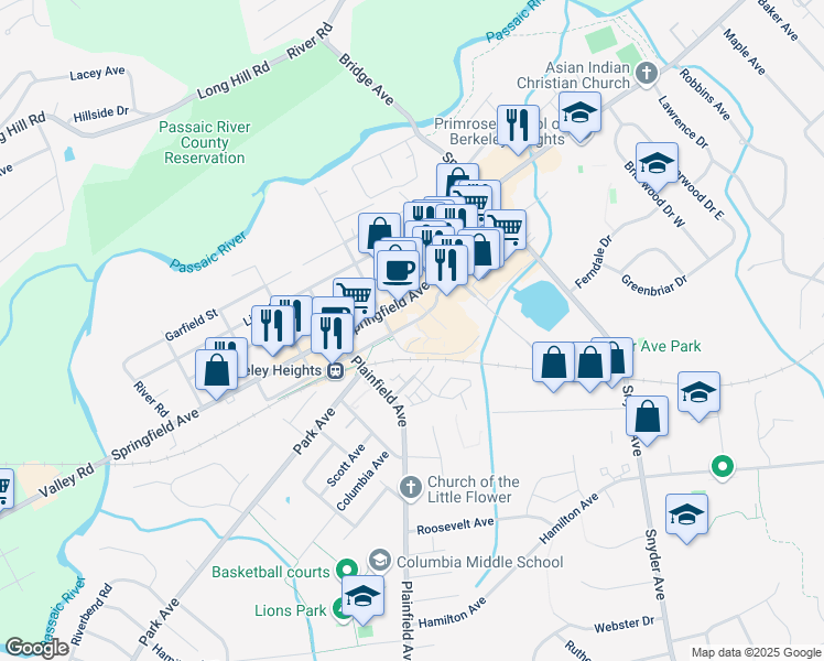 map of restaurants, bars, coffee shops, grocery stores, and more near 227 Sherman Avenue in Berkeley Heights