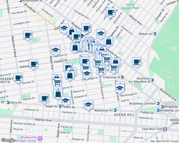 map of restaurants, bars, coffee shops, grocery stores, and more near 671 Decatur Street in Brooklyn