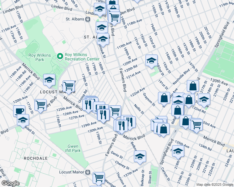 map of restaurants, bars, coffee shops, grocery stores, and more near 126-11 180th Street in Queens