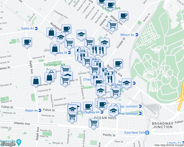 map of restaurants, bars, coffee shops, grocery stores, and more near in Brooklyn