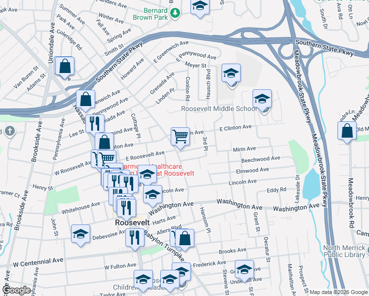 map of restaurants, bars, coffee shops, grocery stores, and more near 23 Mirin Avenue in Roosevelt
