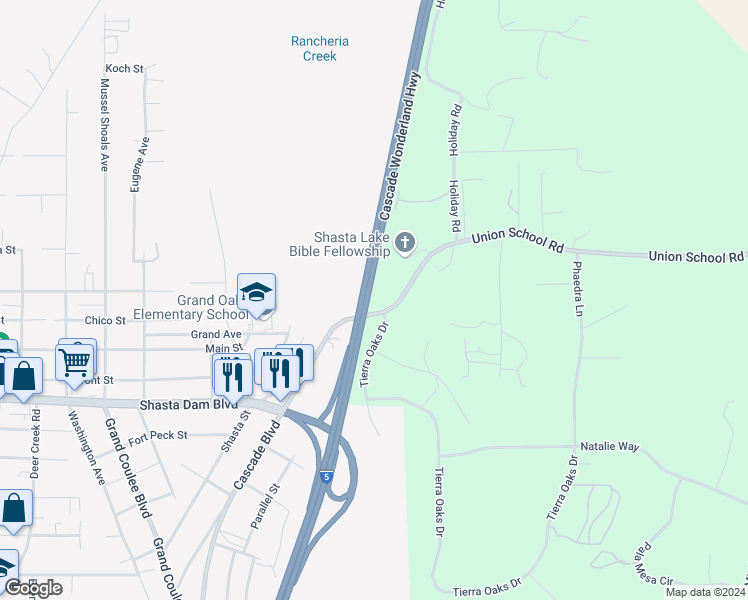 map of restaurants, bars, coffee shops, grocery stores, and more near 19254 Union School Road in Redding