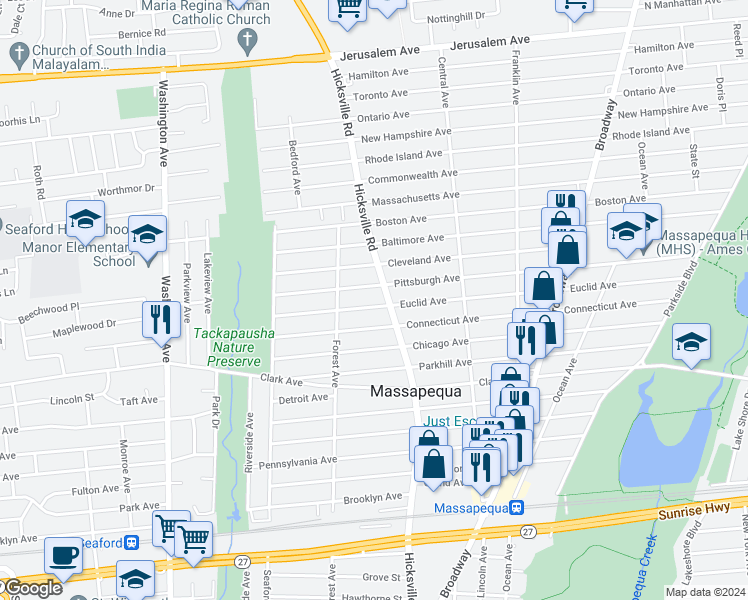 map of restaurants, bars, coffee shops, grocery stores, and more near 65 Euclid Avenue in Massapequa